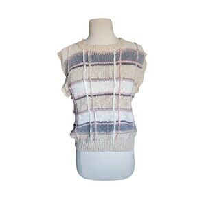 De Fleurer Vintage 80s 3D Knit Sleeveless Sweater Womens M Beige Striped Linen